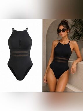 La Blanca Womens 10/12 Black Mesh Panel High Neck One Piece Swimsuit Slimming